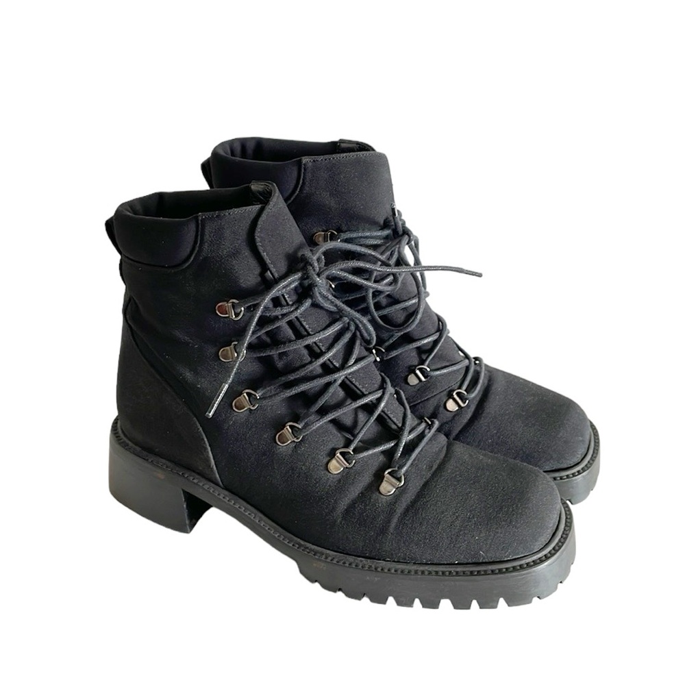 Stuart Weitzman Black Moto Combat Punk Lug Sole Nylon Lace Up Boots size 6.5
